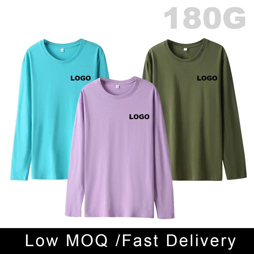 180g combed cotton ribbed crew neck long-sleeved men's and women's base layer T-shirt, solid color warm top for all seasons