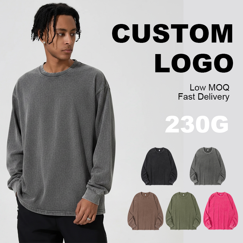 230g Heavyweight Pure Cotton Distressed Crew Neck Long Sleeve T-Shirt, Autumn Solid Color Loose American Retro Men's Casual Base Layer Shirt