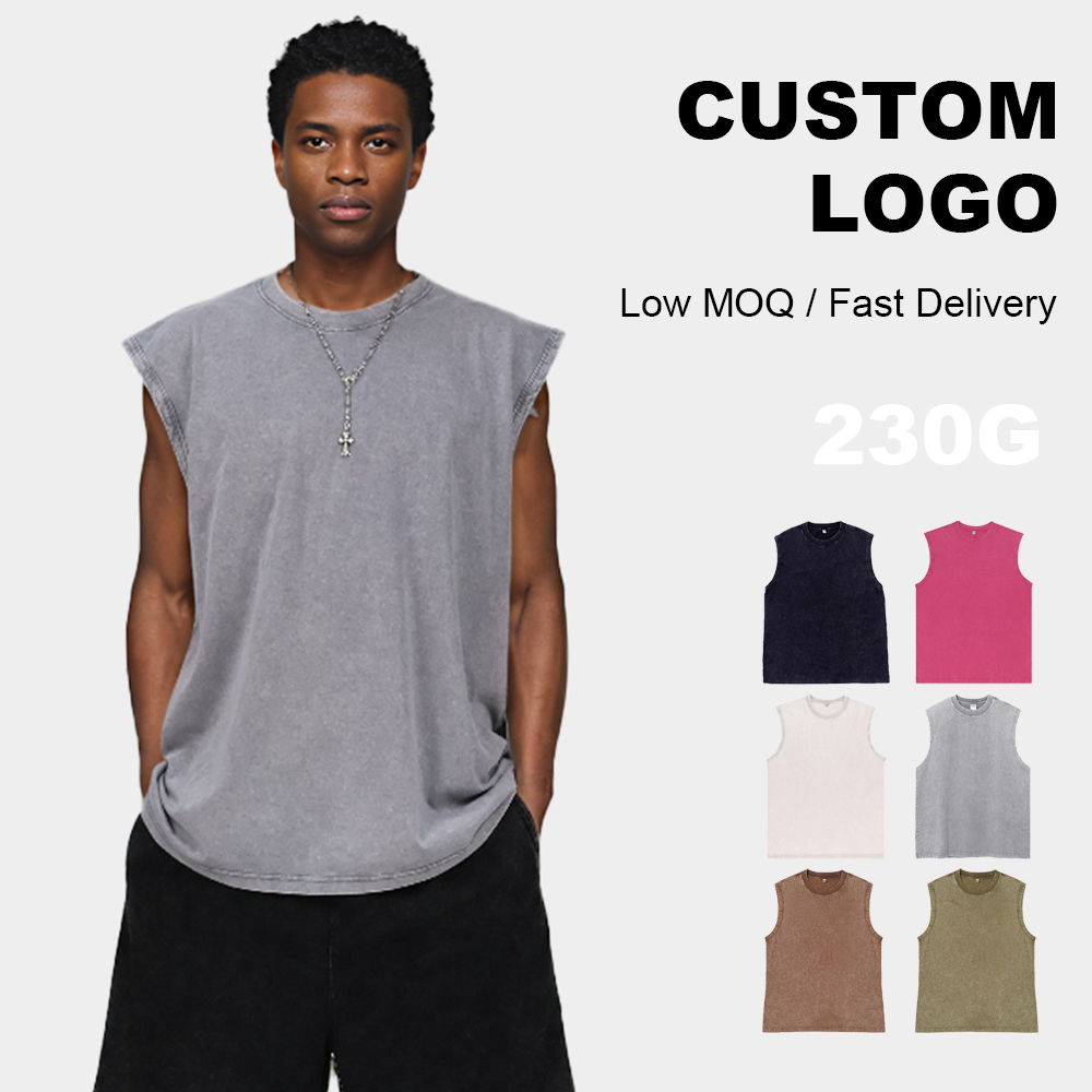 230g sleeveless vest for men, pure cotton, summer washable tank top, retro loose-fitting distressed t-shirt, men's fitness, American style, cross-border.