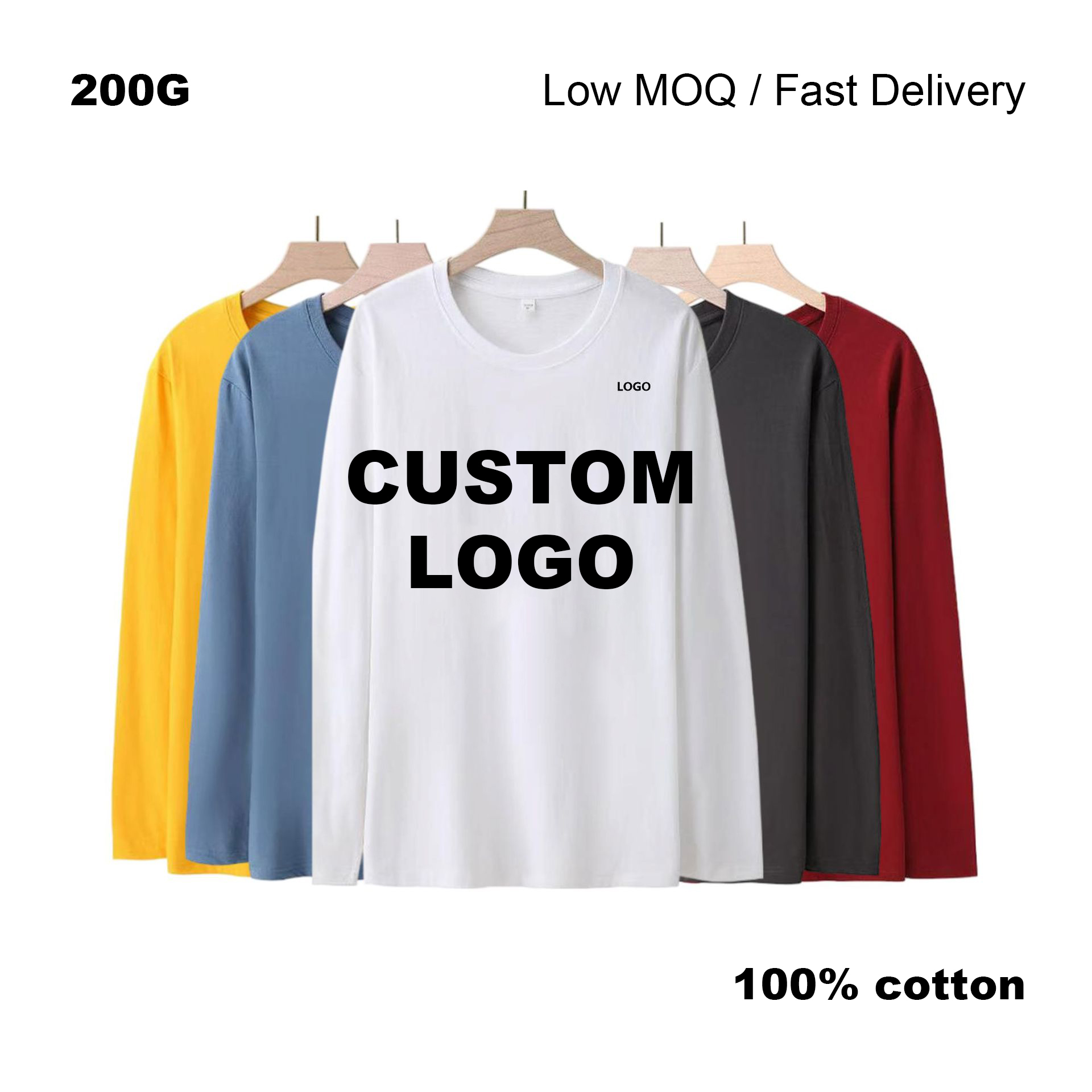 200g combed pure cotton round neck long sleeve t-shirt, logo embroidery workwear/event wear