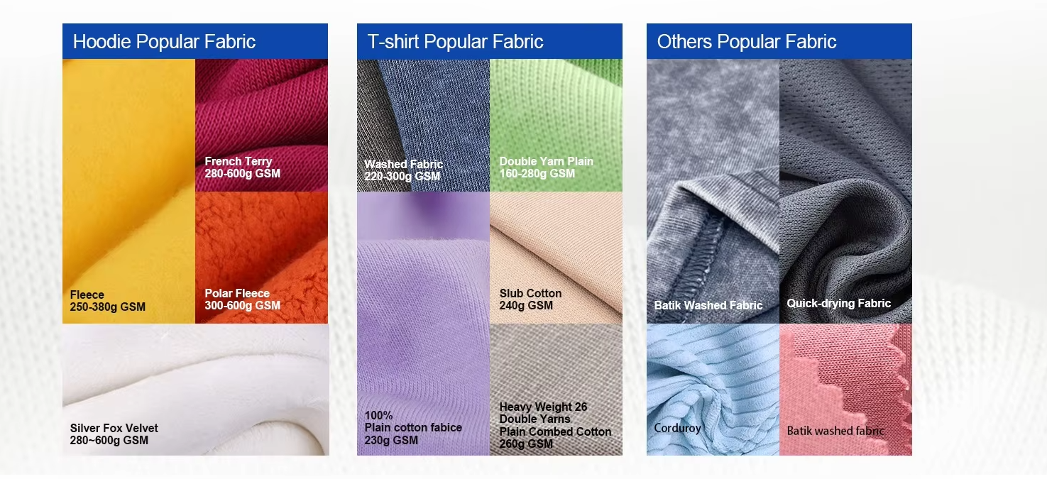 Fabric examples for hoodies, T-shirts and other products
